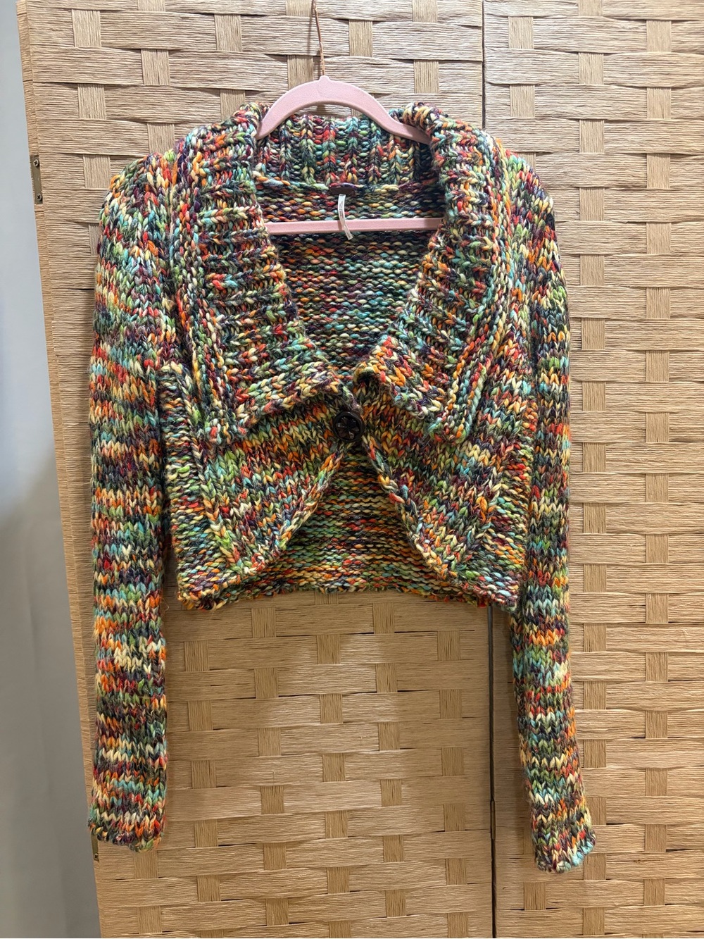 Free People Y2K Chunky Knit Cropped Cardigan Sweater Size L Boho Festival Cozy - Picture 2 of 5